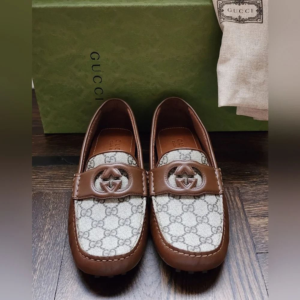 $850 New Gucci GG Interlocking Men Driver Loafer Brown Leather Shoes G 8.5/US 9
